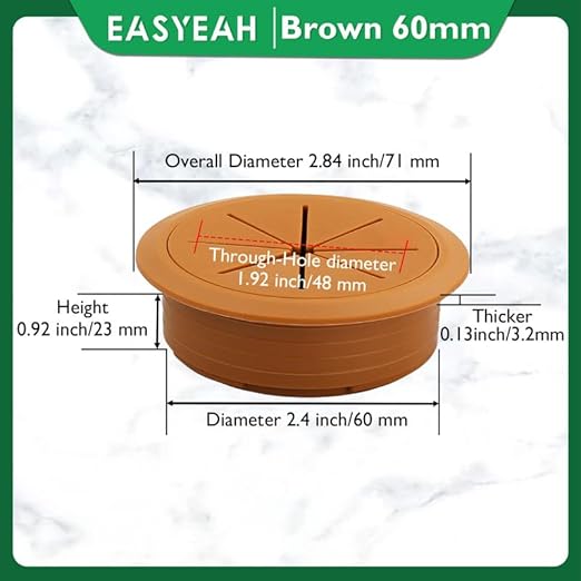 EASYEAH 2 Pcs Desk Grommet 2-3/8" / 60 mm, Desk Hole Cover for Cables Brown, Cable Grommet ABS Plastic, Desk Hole Grommet for Home & Office Pc, Detachable Cable Cord Organizer
