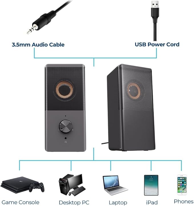 ROSON Computer Speaker, Compact Size Speaker with Headphone Jack, Volume Control, Stereo 2.0 USB Powered 3.5mm Aux Multimedia Speakers for Laptop/Desktop/Tablets/Phone