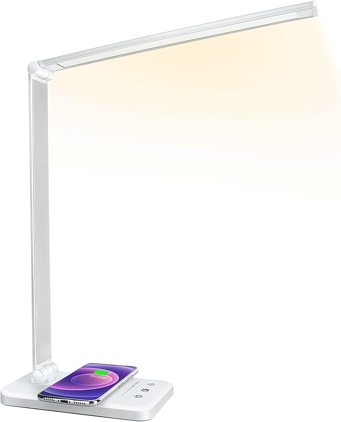 JOSTIC LED Desk Lamp with Wireless Charger, USB Charging Port, Desk Light with 10 Brightness, 5 Color Modes, Dimmable Eye Caring Reading Desk Lamps for Home Office, Touch Control, Auto Timer, White