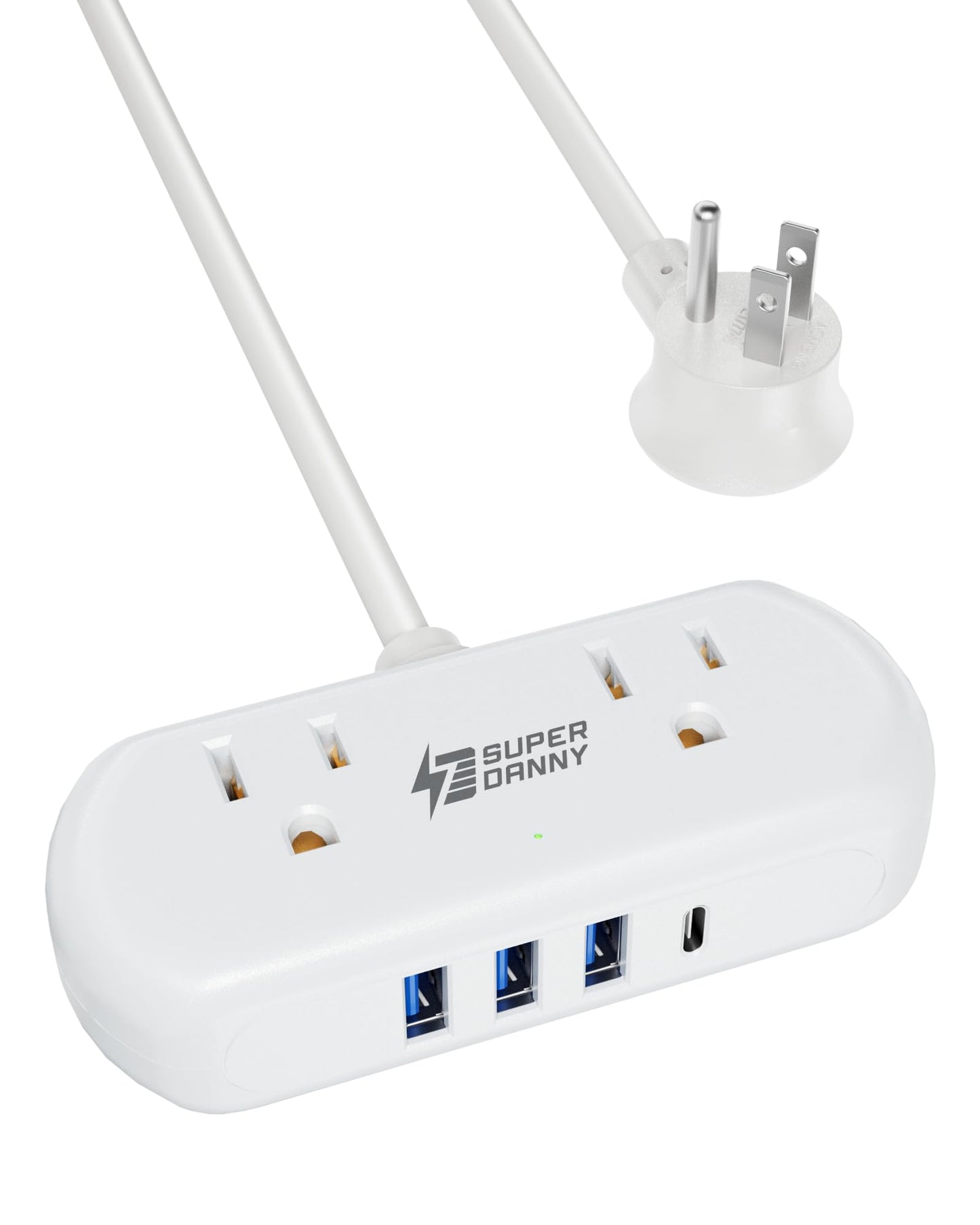 Power Strip with USB, SUPERDANNY Mini Surge Protector with 2 Wide-Spaced Outlets, 3 USB-A 1 USB-C, 5 Ft Extension Cord, Flat Plug, Compact Size Desktop Charging Station Travel, Home, Office, White