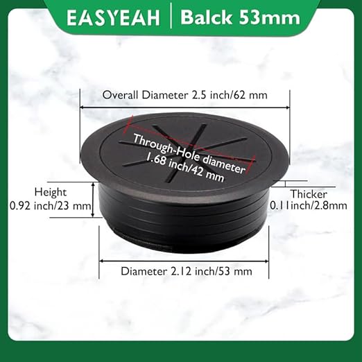EASYEAH 5 Pcs Desk Grommet 2-1/16" / 53 mm, Desk Hole Cover for Cables Black, Cable Grommet ABS Plastic, Desk Hole Grommet for Home & Office Pc, Detachable Cable Cord Organizer