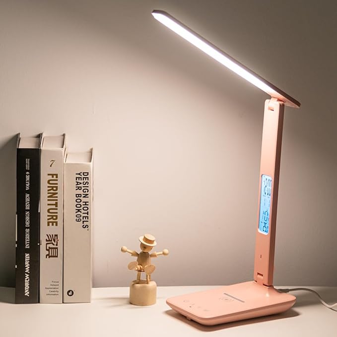 wanjiaone Multifunctional LED Desk Lamp with Wireless Charger,USB Charging Port,Clock,Phone Holder,Desk Lamps for Home Office,Eye-Caring Reading Lamp,Study Lamp for Boys,Girls,Teens,Pink