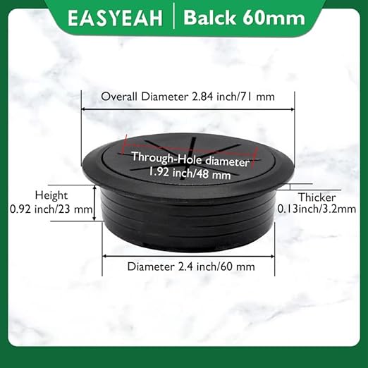 EASYEAH 2 Pcs Desk Grommet 2-3/8" / 60 mm, Desk Hole Cover for Cables Black, Cable Grommet ABS Plastic, Desk Hole Grommet for Home & Office Pc, Detachable Cable Cord Organizer