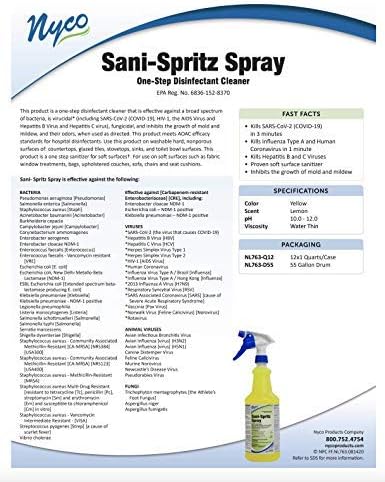 Nyco® Sani-Spritz Spray - 32 oz Quart Bottle - Ready-to-Use Disinfectant Cleaner & Deodorizer - Inhibits Growth of Mold & Mildew (sprayer not included)