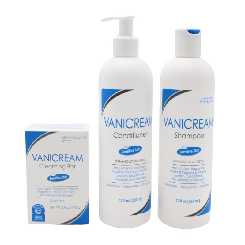 Vanicream Bundle Kit includes Vanicream Cleansing Bar (3.9 oz), Vanicream Shampoo (12 fl oz), and Vanicream Conditioner (12 fl oz)âa complete gentle skincare and haircare solution for sensitive skin.