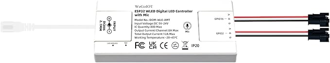 WeGoIOT ESP32 Ultra-Thin WLED Digital Light Strip Controller with Mic Sound Mode DC5-24V RGB IC Digital Dynamic Light WS2811 WS2812B SK6812 SM16703P Flexible DIY FCOB Addressable LED Strip