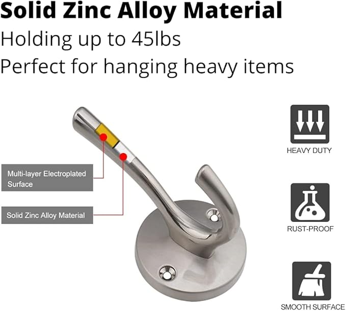 NETLKLA 4 Pack Brushed Nickel Coat Hooks - Silver Robe & Towel Hooks for Bathrooms & Kitchen