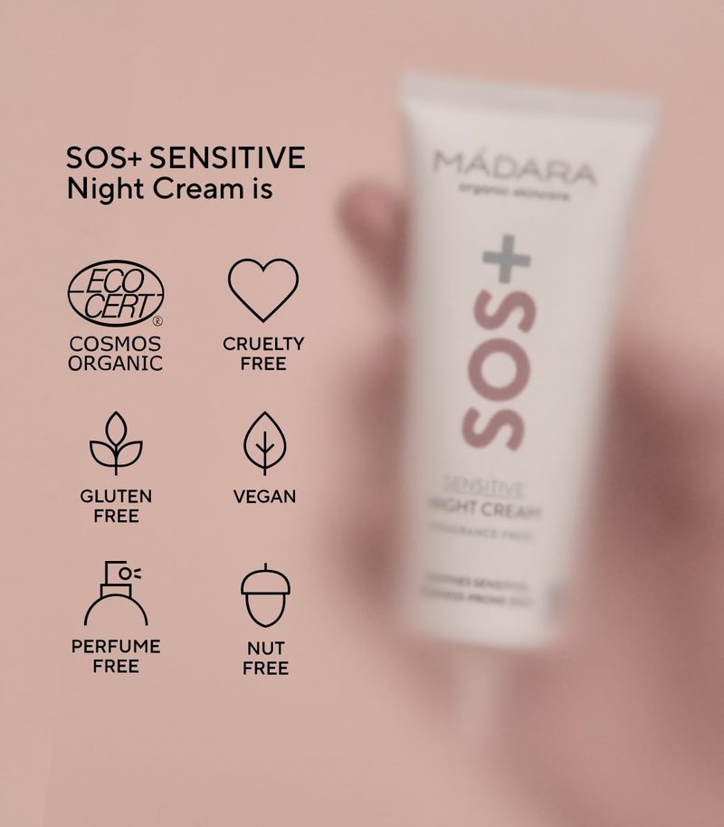 Madara Organic Skincare | SOS+ Sensitive Night Cream - Calming Moisture for Redness-Prone Skin, Fragrance-Free