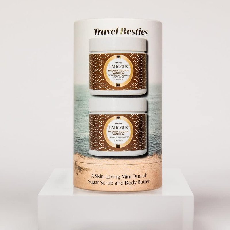 LALICIOUS Brown Sugar Vanilla Travel Besties - 2 Piece Gift Set Includes Travel Size Whipped Sugar Scrub (2oz) & Hydrating Body Butter (2oz) | Moisturize, Hydrate & Nourish Skin