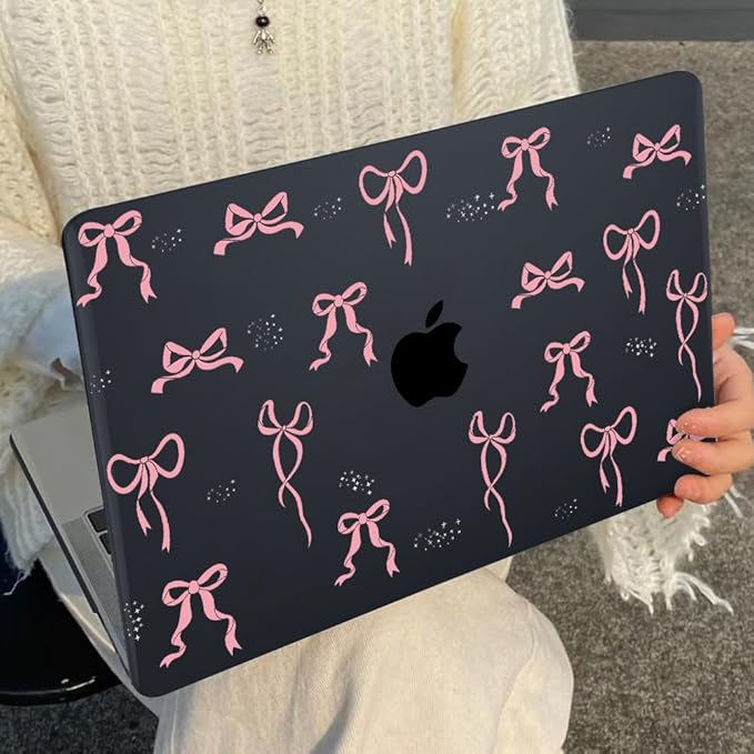 LCMOCICO for MacBook Air 13 inch Case 2021 2020 2019 2018 Release M1 A2337 A2179 A1932, Pritned Pattern Plastic Hard Case Cover for MacBook Air 13 M1 with Retina Display Touch ID, Pink Bowknot Black