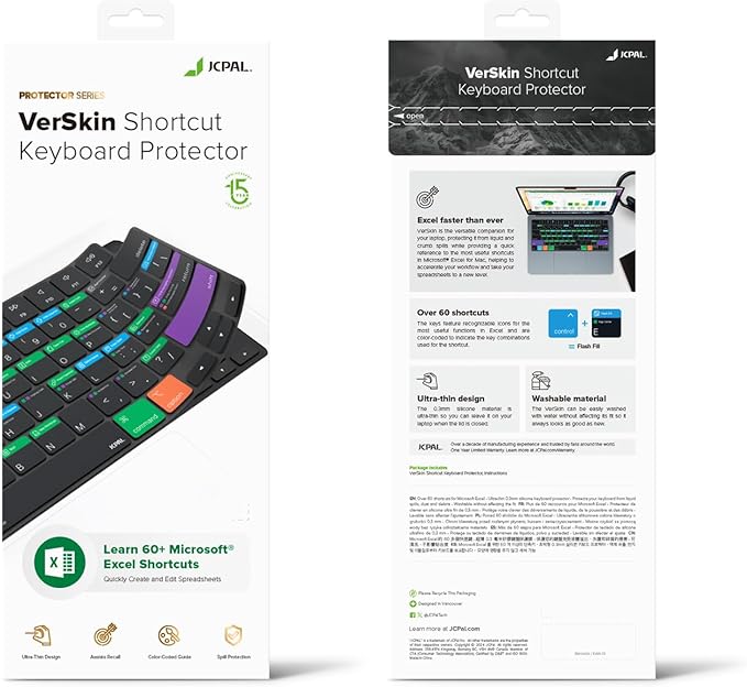 JCPal Microsoft Excel Shortcut Guide Keyboard Cover for Apple MacBook Pro 14 inch / 16 inch (M1–M5), MacBook Air 13 inch / 15 inch (M2–M5) and MacBook Neo (US–Layout)