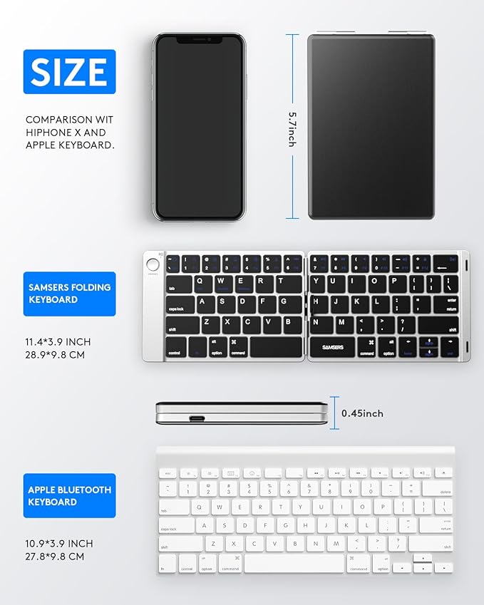 Samsers Foldable Bluetooth Keyboard - Portable Wireless Keyboard with Stand Holder, Rechargeable Full Size Ultra Slim Folding for iOS Android Windows Smartphone Tablet and Laptop, Silver