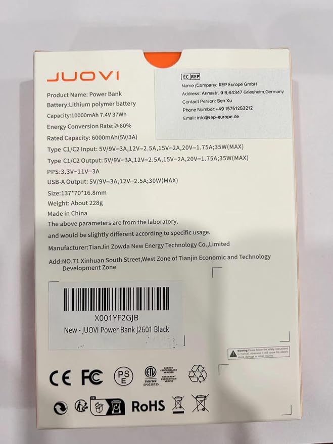 JUOVI Power Bank 35W 10000mAh Portable Charger Fast Charging Small Battery Pack with PD 3.0 & QC 4.0 Type-C USB-A Input Output Lightweight Phone Charger Compatible for iPhone Samsung iPad