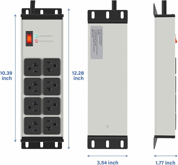 CCCEI Heavy Duty Power Strip Surge Protector 20 AMP Switch, 12 Gauge Extension Cord with Multiple Outlets, Industrial, Shop, Garage High Amp Wall Mount Electric Extender. 12FT, Grey.