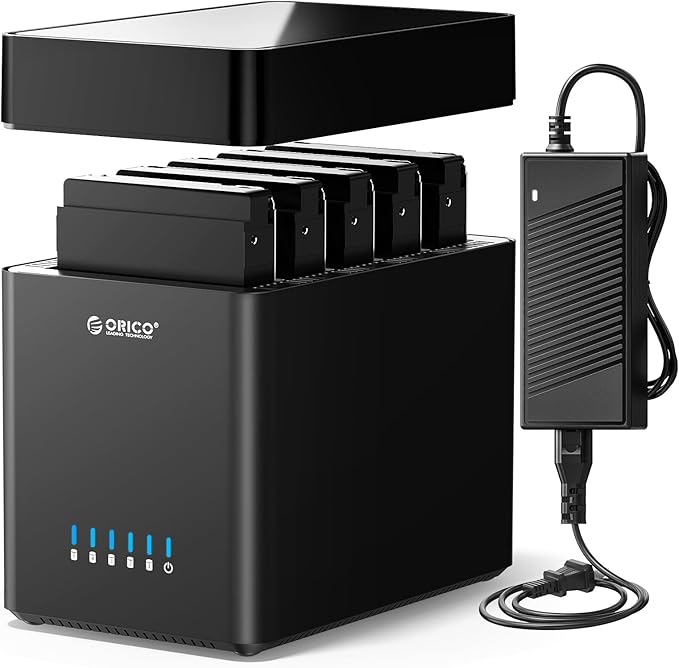 ORICO 5 Bay 3.5 Inch Hard Drive Enclosure USB C to SATA Magnetic Tool-Free External HDD Enclosure with 12V/6.5A Power Adapter for Family Storage Supports 2.5/3.5 inch Drives Max 110TB (5x22TB)
