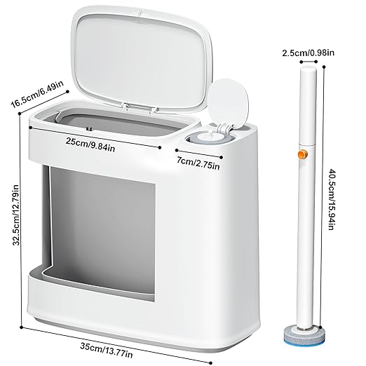 White Plastic Mini Trash Can, Toilet Cleaner Stick, Toilet Brush Holder, 36 Refills and 5 Rolls of Trash Bags, 2-Gallon Trash Can with Pop-Out Lid, Suitable for Bathrooms and Small Toilets.