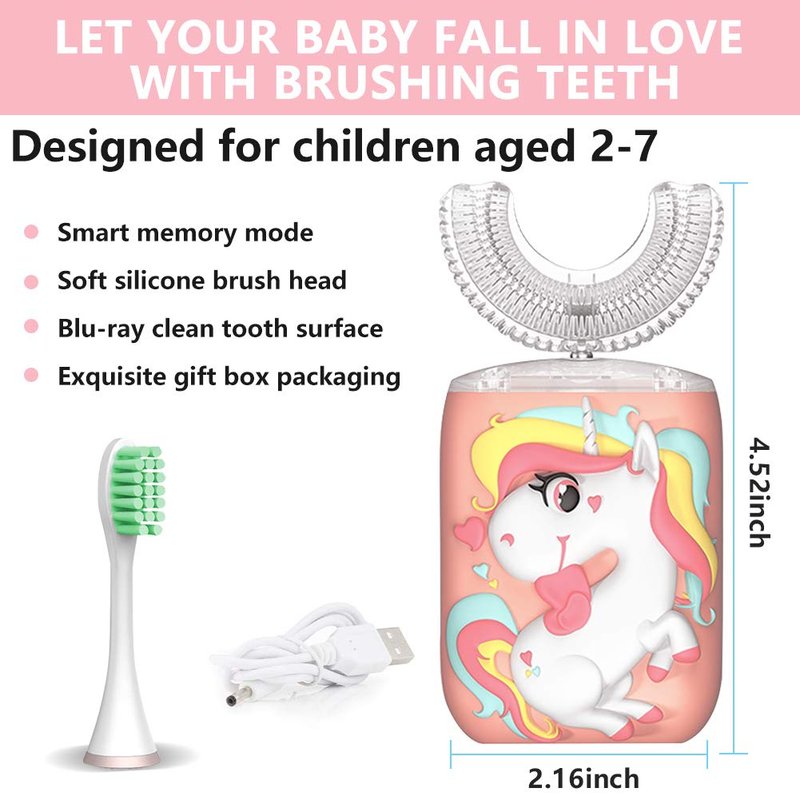 KRX Kids Toothbrush Electric, U Shaped Ultrasonic Automatic Toothbrush with 2 Brush Heads, Six Cleaning Modes, Cartoon Modeling Design for Kids, Special for Birthday Gift (Pink, Kids 2-7)