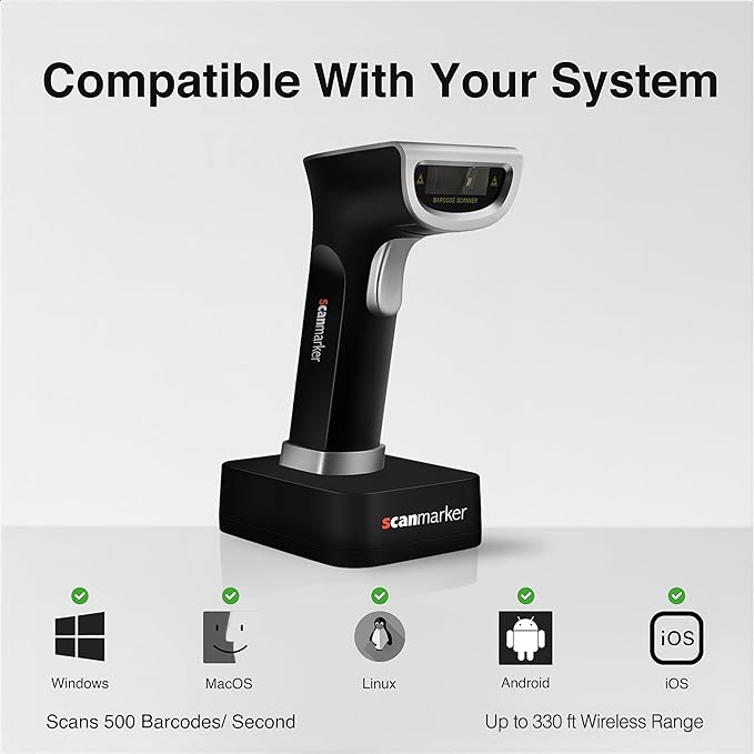 Scanmarker 1D/2D Barcode Scanner Wireless – Boost Speed & Accuracy with Bluetooth Barcode Scanner & 2.4G Modes – Handheld QR & Wireless Barcode Scanner with Charging Stand for Laptop, iOS & Android
