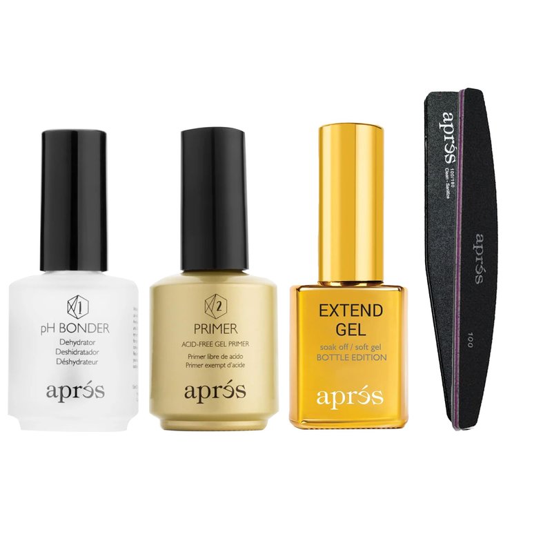 APRÃS Apres Gel-X Essentials - Extend Gel, pH Bonder, Acid-Free Gel Primer, Curved Nail File 100/180 Grit, Nail Buffer