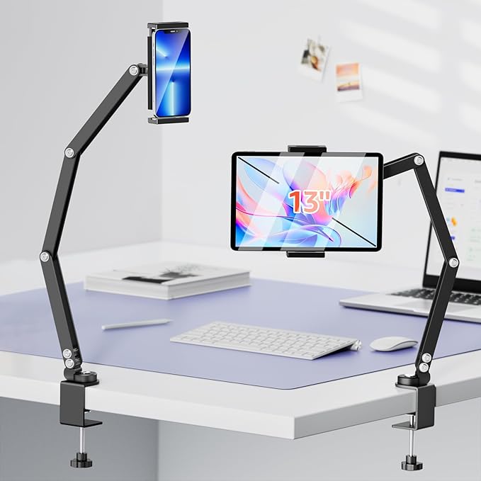 Urmust iPad Holder for Desk & Bed, Adjustable Foldable Tablet Arm iPad Holder Clamp Mount, 360° Rotation, Fits iPad Pro/Air/Mini, iPhone, Portable Monitor 4.7"–15.6" Device, Gifts for Tech Lovers