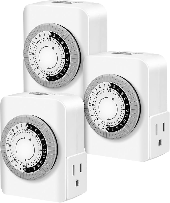 AaiVrylliz Outlet Timer,Timers for Electrical Outlets Indoor with 3-Prong Dual Outlet,24-Hour 30 Minute Daily On/Off Cycle, Plug-in Mechanical Timers for Christmas Lights, Lamps, Grow Light (3-Pack)