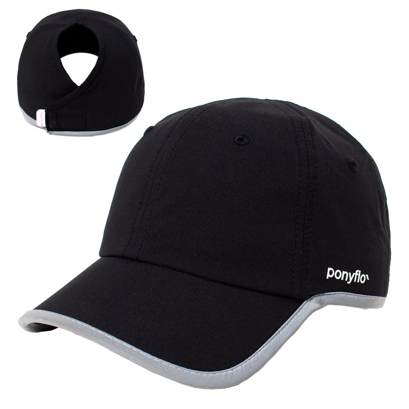 Ponyflo 360 Reflective Performance Ponytail Running Hat, Patented Womenâs High Ponytail Baseball Cap, Black