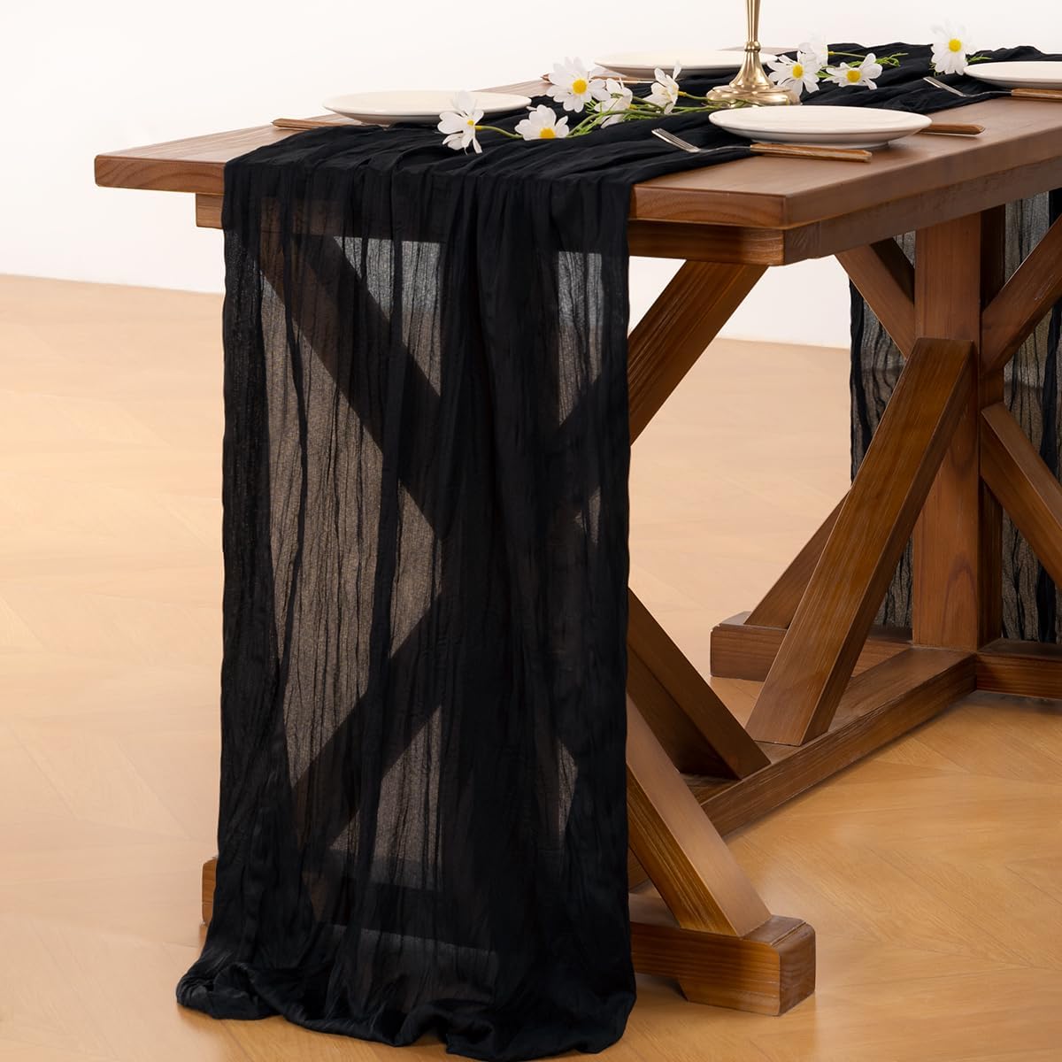 Socomi Cheesecloth Table Runner - 120 Inch Black Boho Rustic Design for Weddings & Events