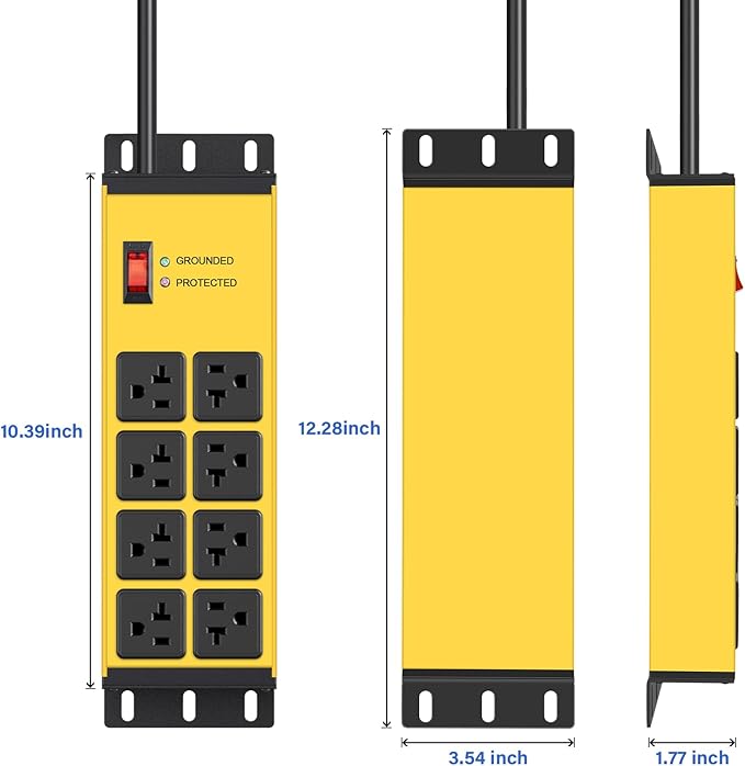 CCCEI Heavy Duty Power Strip Surge Protector 20 AMP Switch, 12 Gauge Extension Cord with Multiple Outlets, Industrial, Shop, Garage High Amp Wall Mount Electric Extender. 6FT, Yellow.