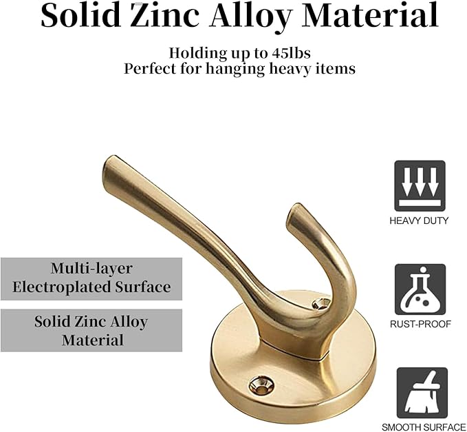 NETLKLA 4 Packs Gold Coat Hooks, Silver Robe Hook, Decorative Towel Hooks, Heavy Duty Double Prong Wall Hooks, Metal Closet Hooks, Hat Hooks for Hanging for Bathroom, Kitchen and Office