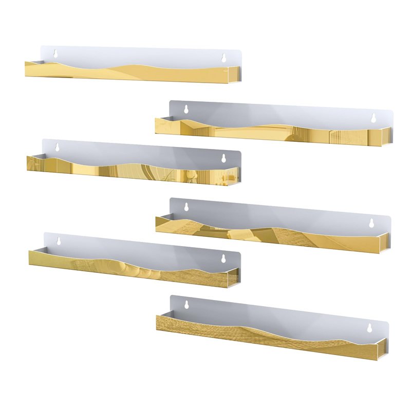 SOVQUEST 6 Pack Nail Polish Wall Rack Mirror Gold Acrylic Wall Mount Ledges with Stopper 15 Inch Kids Bookshelf Tattoo Ink Essential Oils Figurine Display Shelves Spice Rack for Salons Retailers Home