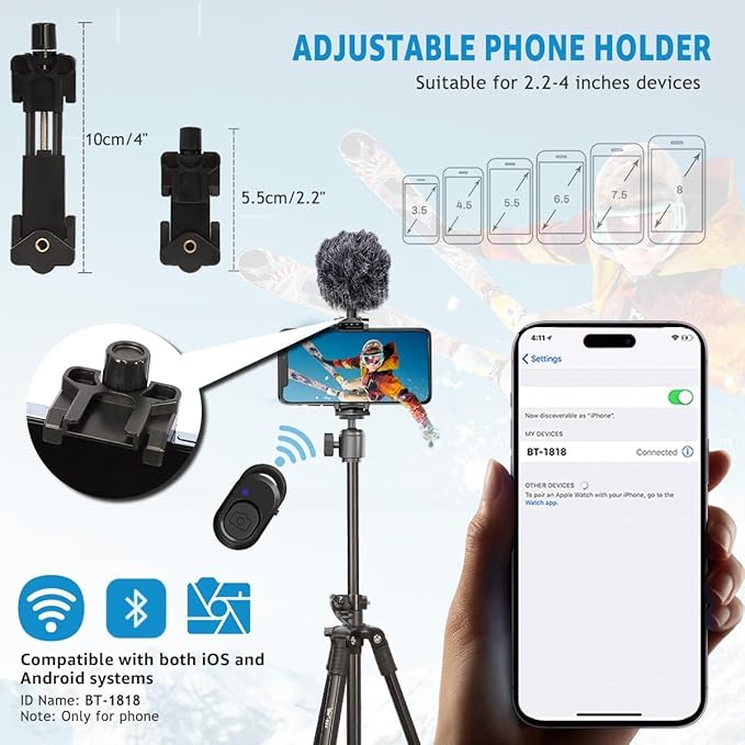 Phone Tripod, Arsoer 67" Adjustable Height Tripod with Horizontal Column and Removable Clip Mount for Overhead Shot, 360° Rotation Stand with Wireless Remote/Carry Bag