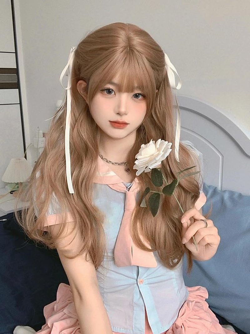 huafan luxkazya Milk Tea Brown Long Wig with Bangs Long Wavy Wig for Women Realistic Wigs Synthetic Wigs for Women Daily Use