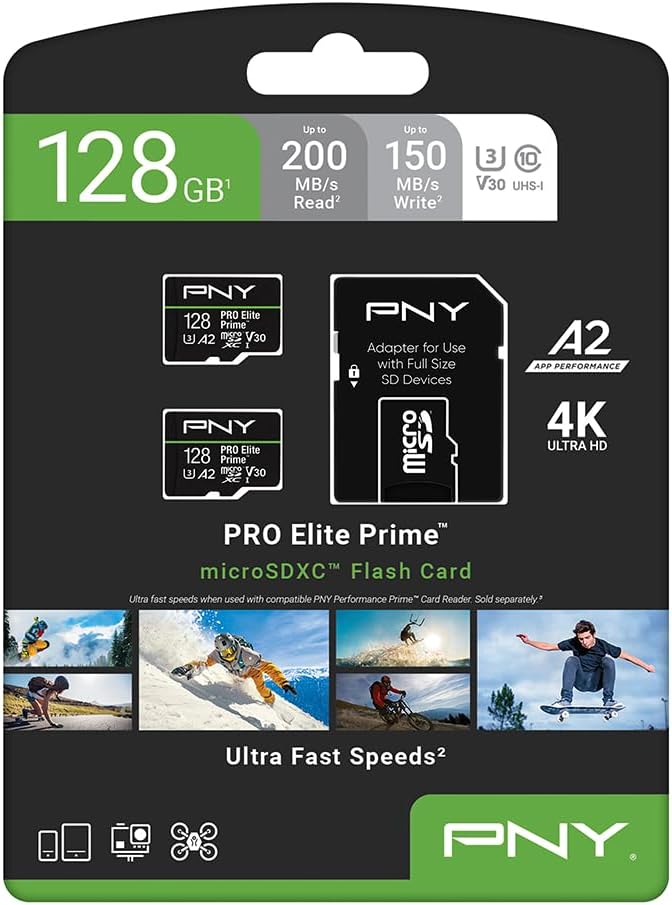 PNY 128GB PRO Elite Prime™ C10 U3 V30 A2 microSDXC Flash Memory Card – Ultra-Fast Speeds, Read 200MB/s, Write 150MB/s, 4K UHD, Full HD, UHS-I, for Smartphones, Drones, Action Cameras, 2-Pack