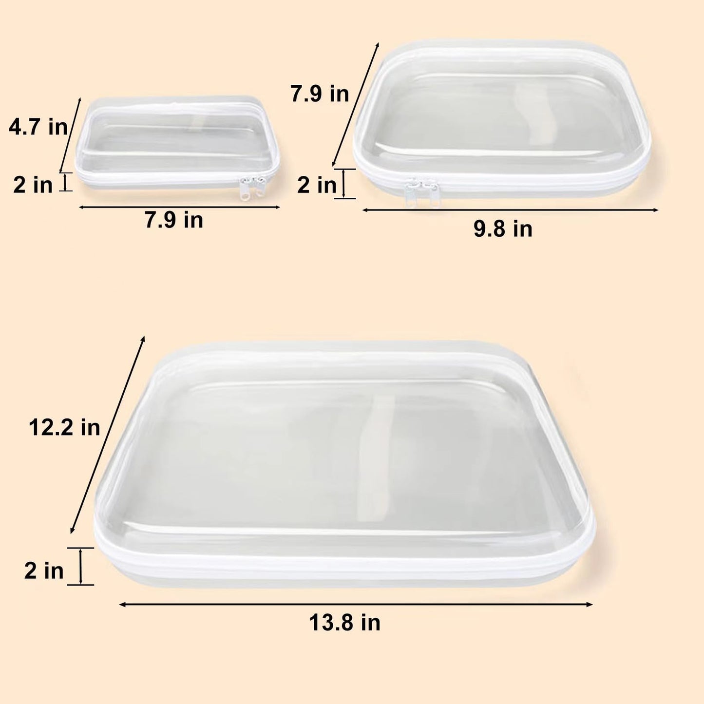 Calantre Extra Large 13.8" 3PCS Clear Hard Shell Zipper Cases, Double Zippered Plastic Travel Case, Portable Organizer Pouches Cosmetic Bag for Make Up Tools, Toiletries, Toy Storage(White)