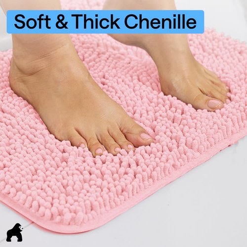 GORILLA GRIP Plush Absorbent Shaggy Chenille Bath Rug Mat for Square Toilet Base with Rubber Backing, Machine Washable Rugs, Soft Microfiber Contour Mats for Toilets, Bathroom Decor, Lt Pink