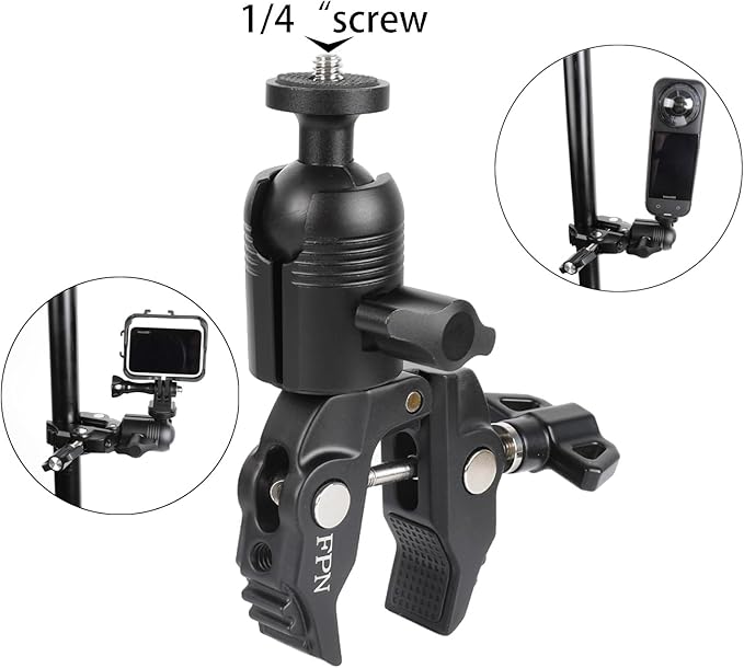 FPN Aluminum Alloy Super Clamp Camera Mount with 360° Ball Head for Bike/Motorcycle Handlebar Pole Tripod Rod 0.5-2.0" Diameter, Compatible with GoPro, Insta360 X5 X4, DJI Osmo Action 5 Pro, Pocket 3