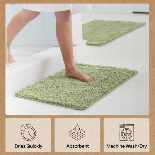 GORILLA GRIP Bath Rug Mat - Soft Absorbent Chenille with Quick Dry Microfiber | 48x24 Sage Green