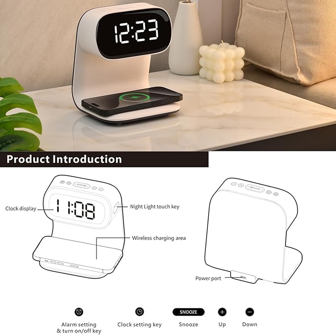 YIDPU Digital Alarm Clock with Wireless Fast Charging Station 15W Touch Smart Lamp for Bedside,3 Colors Nightlight Adjustment Night Lamp for Living Room,Bedside,Heavy Sleepers (White+No Adapter)