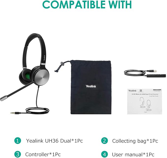 Yealink UH36 Professional USB Headset Wired Headphones for Work Calls and Music, Headset with Noise Cancelling Mic for Computer PC Laptop(UC Compatible, Stereo,3.5mm Jack/USB Connection)
