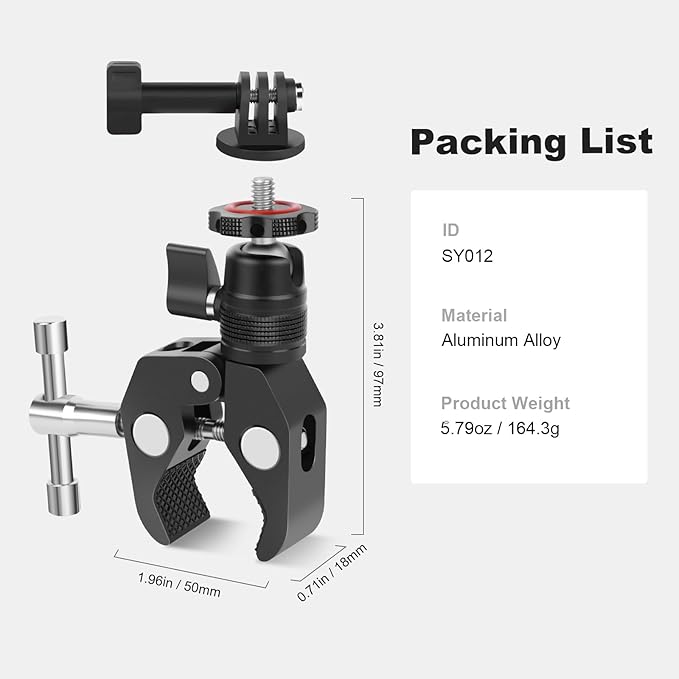 Mechrig Super Clamp Camera Mount with 360° Mini Ball Head, Aluminum Desk Tube Crab Clamp for Monitor/Light/Mic, Bike/Motorcycle Handlebar Mount for Go Pro/Insta360/DJI Action Camera (SY012)