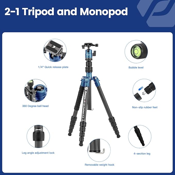 Fotopro Carbon Fiber Camera Tripod, 62" Super Lightweight Compact Travel Tripod with 360 Degree Ball Head for DSLR, Detachable Monopod,Arca-Swiss QR Plate, Load up to 8KG/17.63lbs, Weighs only 2lb