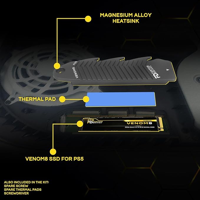 Fantom Drives Venom 8 w/Heatsink SSD 4TB, PCIe Gen4 M.2 2280 Internal Solid State Hard Drive, Seq. Read Up to 7,400MB/s for High End Computing, Workstations, Compatible w/PlayStation 5, VM8X40-PS5