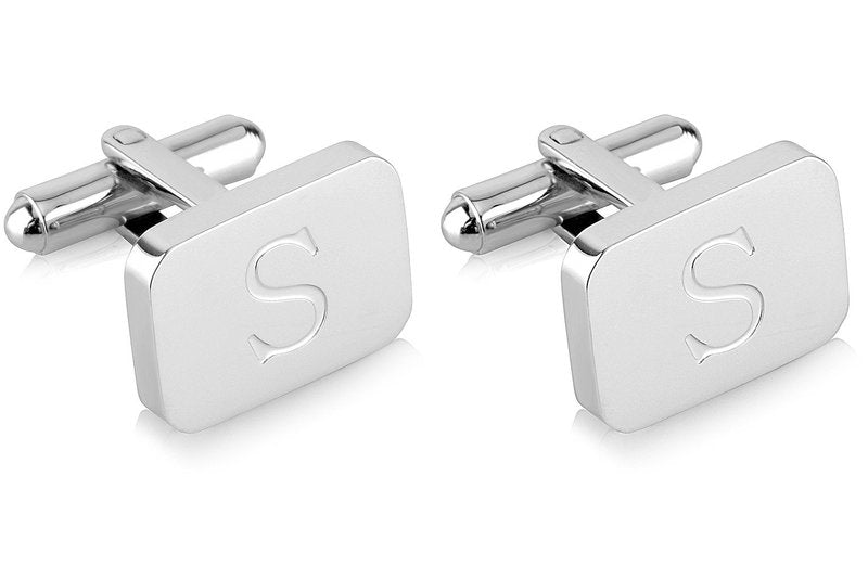 18K White-Gold Plated Initial Engraved Stainless Steel Menâs Cufflinks With Gift Box -Personalized Alphabet Letterâs A-Z By Lux & Pair