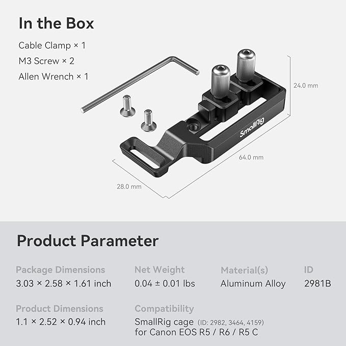 SmallRig Cable Clamp for HDMI and USB-C for Canon R6 Mark II SmallRig Cage 4159/5955/5956/5957/5958, R5 / R6 / R5 C Cage 2982/3464