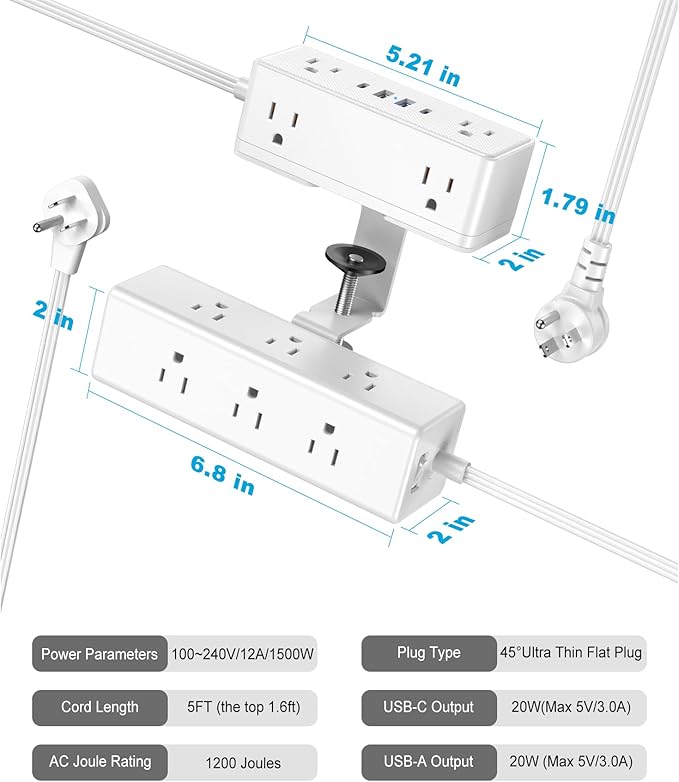 Dual Layer Desk Clamp Power Strip with 4 USB Ports(20W USB-C) & 15 AC Outlets, Desktop Edge Mount Surge Protector, Ultra Thin Flat Plug & 5FT Power Cord for Office Home(ETL Listed)
