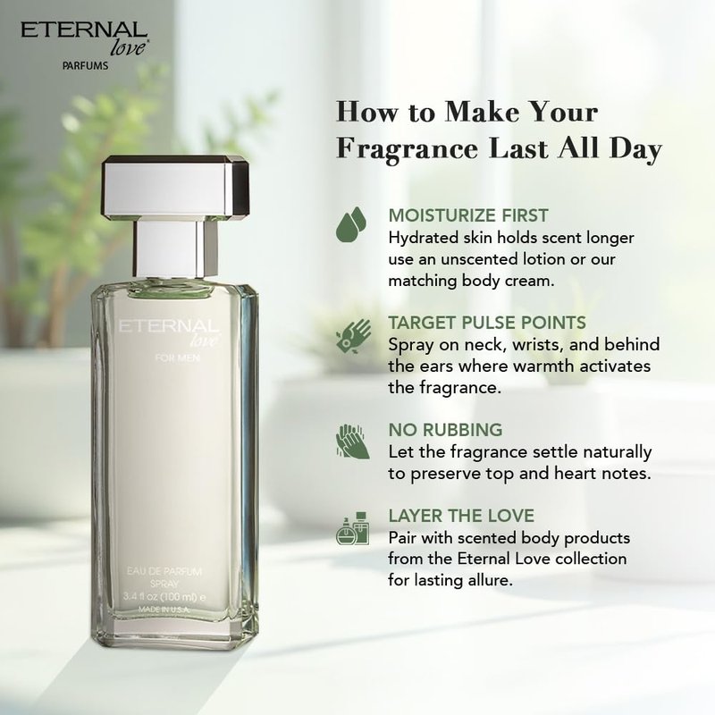 Eternal Love for Men - Long Lasting Eau de Parfum Spray - Premium Clean Fragrance with Amber & Cedarwood - Fresh Sophisticated Scent - 3.4oz