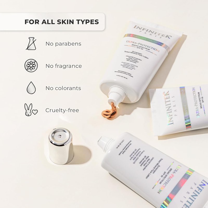 Infinitek Paris Tinted Mineral Sunscreen SPF 50 - Lightweight Daily Face Protection Against UVA/UVB & Blue Light | Water Resistant (80 Min) | 1.75 fl oz / 50 ml