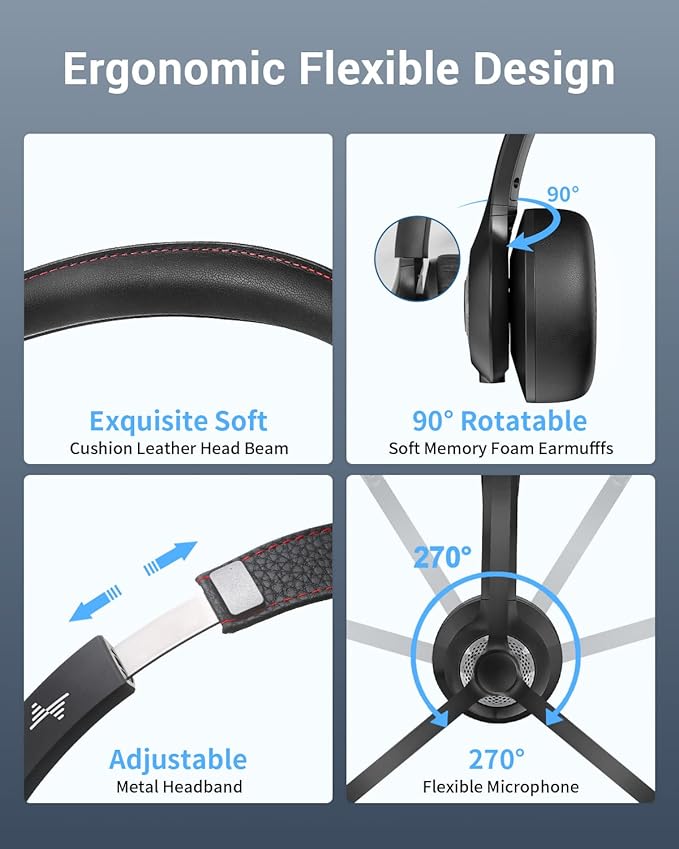 JIAMQISHI Wireless Headset with Mic for Work, Bluetooth V5.2 Headphones with AI Noise Cancelling Microphone, USB Dongle, Clear Calls & Mic Mute, for Laptop, PC, iPhone & Android Phones