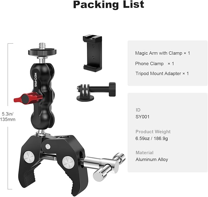Mechrig Camera Clamp Mount with Dual Ballhead Magic Arm, Aluminum Camera Mount Super Clamp Kit for DSLR Action Camera/Phone/Monitor/LED Light/Microphone, for Desk/Tripod/Tube/Crossbar (SY001)
