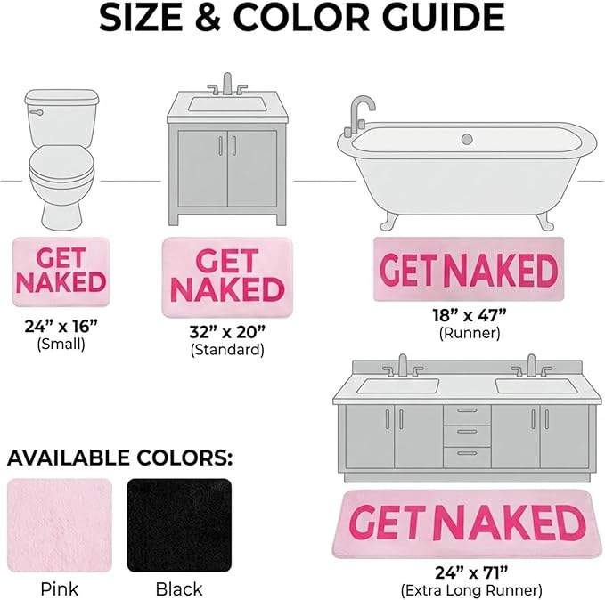 Black Get Naked Memory Foam Bath Mat 32x20 Inch, Funny Bathroom Rugs, Cute Dorm, Apartment Decor, Soft Non Slip Absorbent Mats for Shower, Vanity